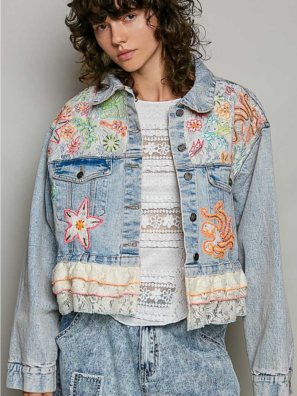 D46. POL Embroidered Denim Jacket with Lace Trim